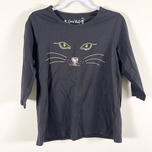 Coral Bay Black Rhinestone Cat Face 3/4 Sleeve Shirt Crazy Cat Lady Lover Large
